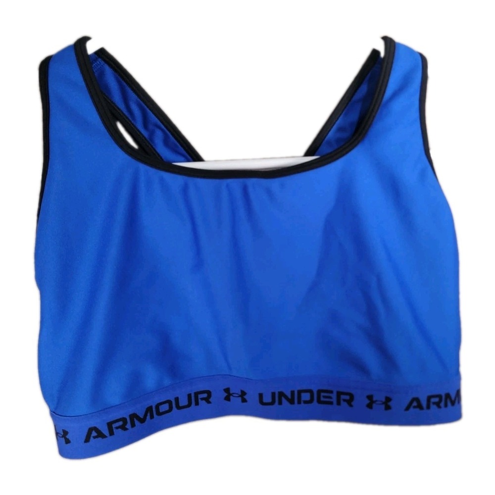 Under Armour Sports Bra 2XL Blue Black Crossback Mid Keyhole Athleisure